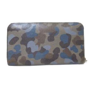 FURLA 迷彩 財布 長財布 カモフラ レザー ラウンドファスナー 茶 青 ブラウン ブルー 小銭入れあり ECR17 X 0221