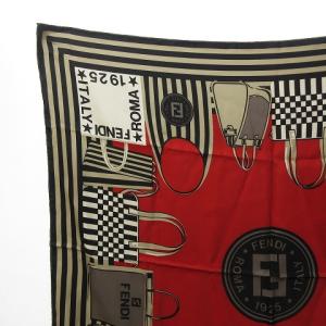 FENDI スカーフ バッグ柄 ロゴ 総柄 シルク100% ストール ショール レッド×ブラック マルチ 0307 ECR17