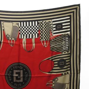 FENDI スカーフ バッグ柄 ロゴ 総柄 シルク100% ストール ショール レッド×ブラック マルチ 0307 ECR17