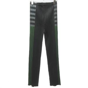 PLEATS PLEASE ISSEY MIYAKE ISSEY MIYAKE サイドチェック ライン ロングパンツ ブラック×グリーン×ホワイト