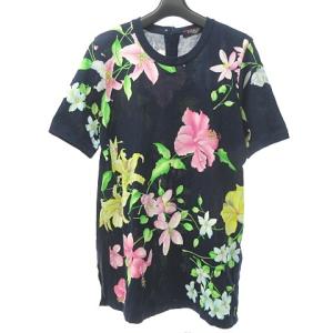 LEONARD FASHION 金釦 ユリ柄 ニット チュニック カットソー フラワー サイドスリット 花柄 総柄 紺 ネイビー M 0318