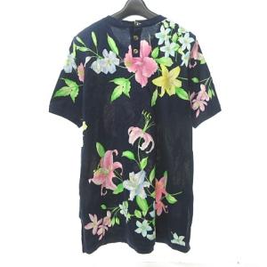LEONARD FASHION 金釦 ユリ柄 ニット チュニック カットソー フラワー サイドスリット 花柄 総柄 紺 ネイビー M 0318