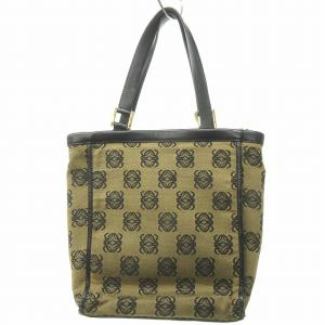 LOEWE アナグラム 総柄 ハンドバッグ キャンバス×レザー ゴールド金具 ベージュ 黒 ブラック 0222 ECR17