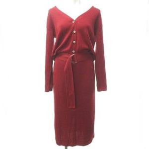 美品 近年 リブ ニット ワンピース ベルト付 フォックスファー付 ウール混 バックスリット ロング 赤 レッド 36 約S