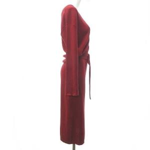 GRACE CONTINENTAL 美品 近年 リブ ニット ワンピース ベルト付 フォックスファー付 ウール混 バックスリット ロング 赤 レッド 36 約S