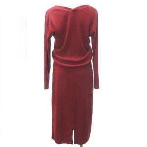 GRACE CONTINENTAL 美品 近年 リブ ニット ワンピース ベルト付 フォックスファー付 ウール混 バックスリット ロング 赤 レッド 36 約S