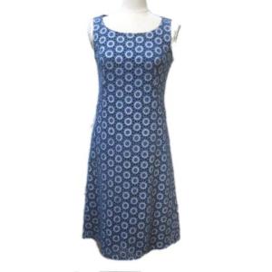 ワンピース ひざ丈 ノースリーブ 刺繍 青 ブルー M コットン X 0405