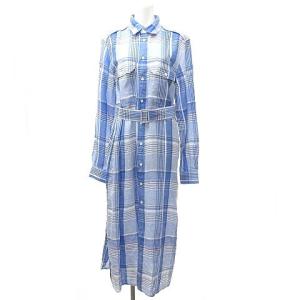 リネンシャツワンピース チェック ベルト 10 ブルー