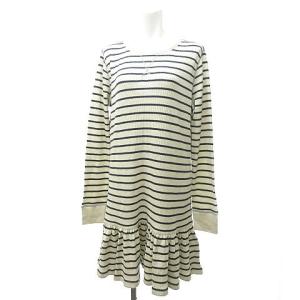 タグ付き 大きいサイズ ワンピース ひざ丈 ボーダー柄 ワッフル生地 サーマル Tシャツ カットソー 長袖 コットン アイボリー×ネイビー