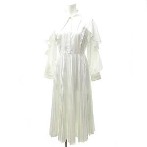 21SS ラッフルプリーツ ワンピース シャツ ロング丈 レース 刺繍 フリル 長袖 CWF0215027 白 ホワイト 36