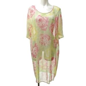 ヴィンテージ シルク チュニック ロング 花柄 シフォン 半袖 ピンク ベージュ 系 9 約M 0425