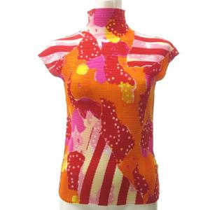 美品 ストレッチプリーツ シャツ カットソー ハイネック コラージュ風 総柄 MI31FK423 フリーサイズ ピンク オレンジ