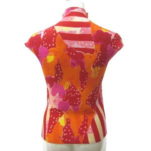 me ISSEY MIYAKE 美品 ストレッチプリーツ シャツ カットソー ハイネック コラージュ風 総柄 MI31FK423 フリーサイズ ピンク オレンジ
