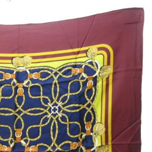 HERMES 美品 ヴィンテージ カレ スカーフ ロープ柄 金具 ストール ショール シルク100％ ボルドー系 0504