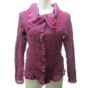 美品 カリフラワー ビッグカラー シャツ ブラウス シワ加工 バイカラー パイピング 異素材 長袖 紫 パープル MIK 0505