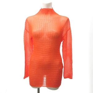 美品 ボックスプリーツ ストレッチ カットソー ハイネック Tシャツ ロンT シャツ ブラウス 長袖 橙 オレンジ M 0504
