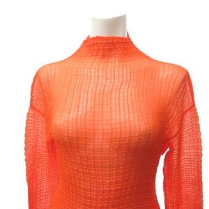 ISSEY MIYAKE 美品 ボックスプリーツ ストレッチ カットソー ハイネック Tシャツ ロンT シャツ ブラウス 長袖 橙 オレンジ M 0504