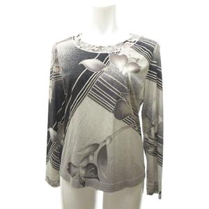 FASHION 花柄プリント カットソー Tシャツ ロンT 総柄 長袖 0129515 白×黒系 M 0504