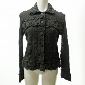 カリフラワー フリル シャツ ブラウス カーディガン ストレッチ シワ加工 襟付き 長袖 灰 グレー 0505