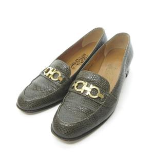 ガンチーニ クロコ型押し ローファー パンプス ゴールドカラー金具 レザー 緑 グリーン 6 1