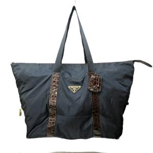 三角ロゴ プレート ボストンバッグ ショルダーバッグ ナイロン 切替 クロコ 型押し レザー 紺 ネイビー 系 0505