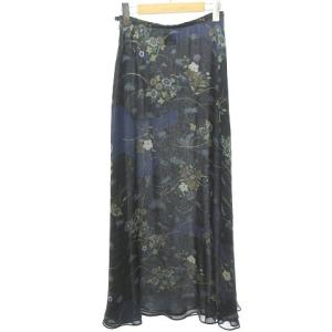 KENZO 美品 スカート 花柄 総柄 マキシ丈 ブラック×ネイビー系 マルチカラー 0511 NGA35