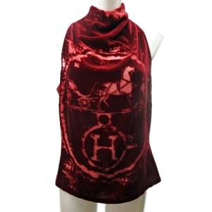 ベスト カットソー シルク混 ベロア ロゴ 馬車 ハイネック 赤 40