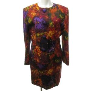 ヴィンテージ セットアップ ノーカラージャケット スカート シルク混 総柄 11 レッド