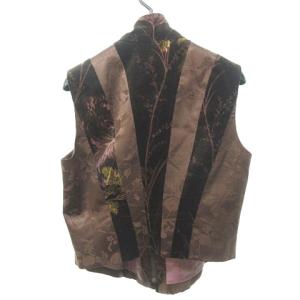 KENZO 異素材 総柄 ジップアップ ベスト ジレ ショート丈 サテン ベロア 花柄 茶 ブラウン約M 0517 NGA35