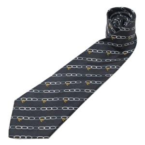 美品 ネクタイ シルク ココマーク チェーン柄 総柄 ビジネス ロゴ 黒 ブラック NGA35 0525