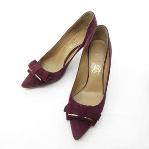 リボンデザイン パンプス スウェード レザー ハイヒール 紫 パープル 6 1