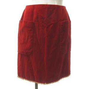 スカート ベロア ベルベット チェーン ココマーク 金ボタン 裏地総柄 ひざ丈 レッド