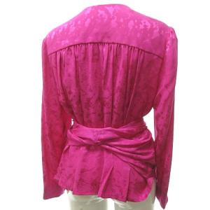 Christian Dior 美品 ヴィンテージ シルク100％ シャツ ブラウス 総柄 ギャザー ウエストベルト 長袖 ピンク 9 約M 0607 NGA35