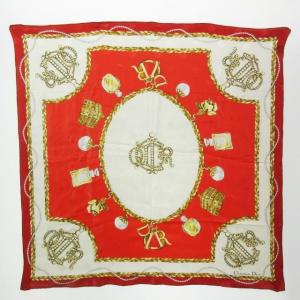 美品 大判スカーフ シルク ロゴ ジュエリー柄 香水柄 総柄 赤 レッド 系 NGA35 0623