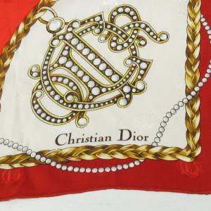 Christian Dior 美品 大判スカーフ シルク ロゴ ジュエリー柄 香水柄 総柄 赤 レッド 系 NGA35 0623