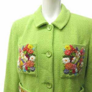 KENZO 美品 ジャケット ブルゾン フラワー 花 刺繍 ワッペン モチーフ コットン 黄緑 40 約M 0621 NGA35