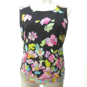 美品 ノースリーブ カットソー ベスト タンクトップ 花柄 総柄 ストレッチ コットン 黒 ブラック マルチ 40 約M 0625