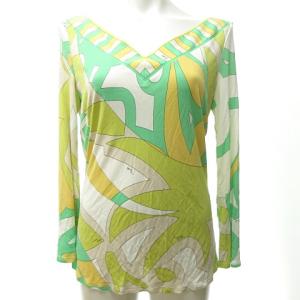 美品 カットソー トップス 総柄 長袖 九分袖 黄緑 42 約L 0629 NGA35