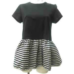 ペプラム カットソー Tシャツ チュニック フレア 半袖 ボーダー 切替 BD1911-2C-18 黒 ブラック 白 ホワイト