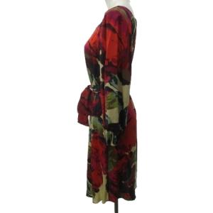 DIANE von FURSTENBERG ワンピース シルク 花柄 総柄 ストレッチ リボン ベルト 長袖 ひざ丈 赤 レッド 系 2 約M 0720
