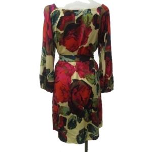 DIANE von FURSTENBERG ワンピース シルク 花柄 総柄 ストレッチ リボン ベルト 長袖 ひざ丈 赤 レッド 系 2 約M 0720