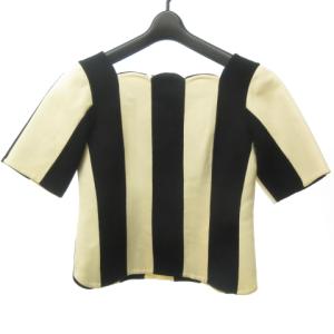 カットソー 半袖 ストライプ スクエアネック バイカラー ウール ベージュ 黒 ブラック 00 約XS ECM 0731