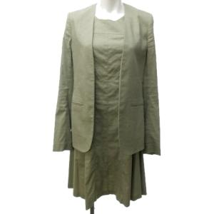 セットアップ ワンピーススーツ リネン ノーカラージャケット ストレッチ ひざ丈 灰 グレー 系 0 約XS 0728