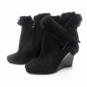 LOUIS VUITTON ブーティ ウェッジソール ハイヒール スエード レザー 切替 ファー レースアップ 黒 ブラック 37 約23.5cm 0805