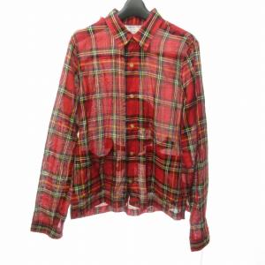 mastermind JAPAN バックプリント チェックシャツ スカル カットオフ加工 フリンジ コットン 長袖 S レッド