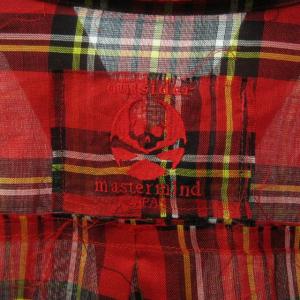 mastermind JAPAN バックプリント チェックシャツ スカル カットオフ加工 フリンジ コットン 長袖 S レッド