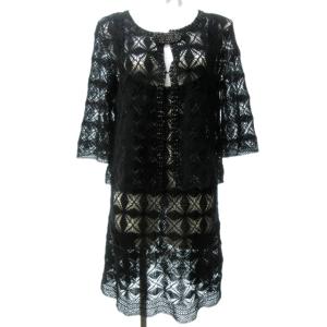 美品 ニット セットアップ かぎ編み ビジュー 装飾 カーディガン ワンピース ひざ丈 黒 ブラック 38 約M 0918