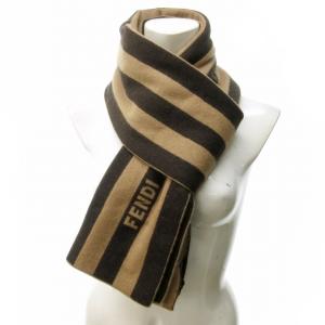 FENDI ペカン カシミヤ マフラー ロゴ ストライプ ブラウン