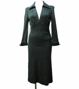 ワンピース ウール 膝丈 長袖 緑 グリーン カーキ 4 約XL 1011