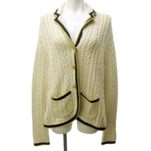 美品 大きいサイズ ケーブルニット カーディガン ジャケット 金ボタン ベージュ 系 7f 約XL 1008